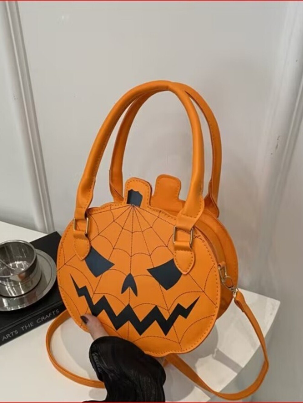 Halloween Pumpkin Shaped Orange Handbag with Spider Web Design nwot